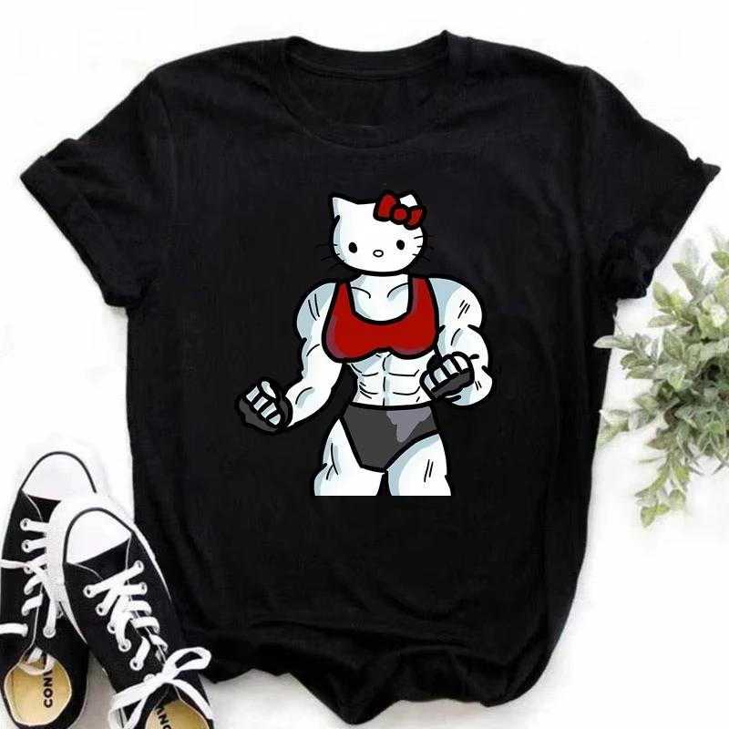 Мышечные Sanrioes Женская футболка Аниме HelloKitties Cinnamon Kuromis Веселая модель Мультяшная одежда Повседневная хлопковая футболка для пар