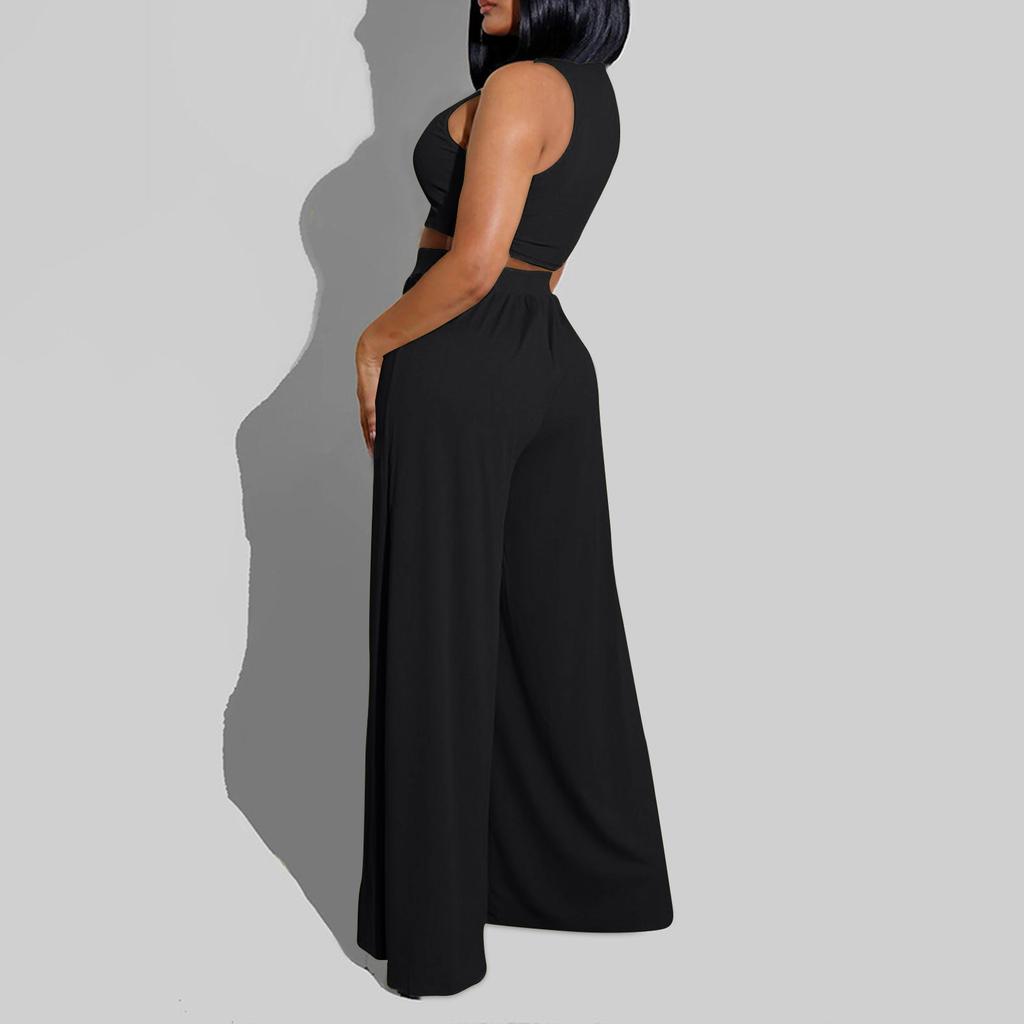 Women 2 Piece Outfits Spring Summer Tracksuits Mock Neck Sleeveless Cutout Crop Top Wide Leg Long Pants Sweatsuits