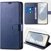 Protective Case - BOOLING - for Samsung Galaxy S25 Plus - Navy Blue Leather Effect - 2 Tempered Glass