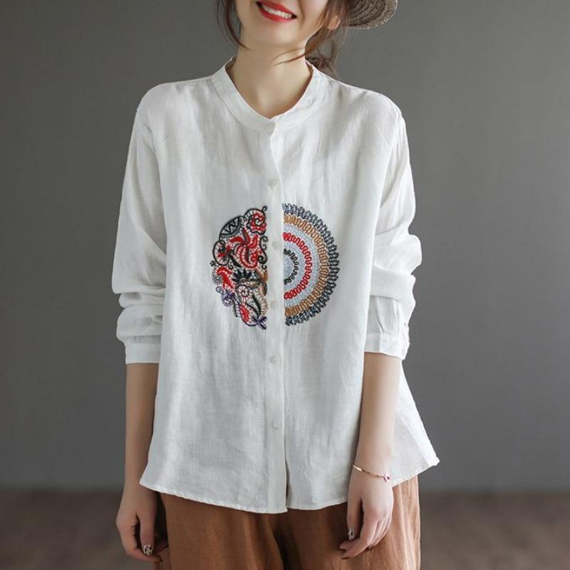 Женские винтажные рубашки на пуговицах с вышивкой, элегантные блузки из хлопка и льна со стойкой, повседневные топы оверсайз с длинным рукавом и неровным низом