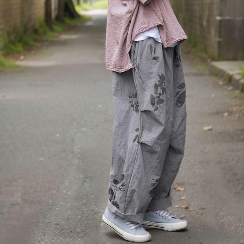 Johnature Женские брюки с широкими штанинами и цветочным принтом в винтажном стиле, эластичные брюки на талии, осенние свободные повседневные брюки
