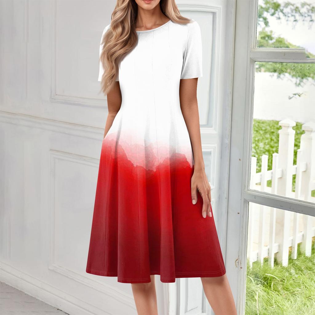 Женское повседневное модное платье с круглым вырезом и коротким рукавом средней длины с градиентом