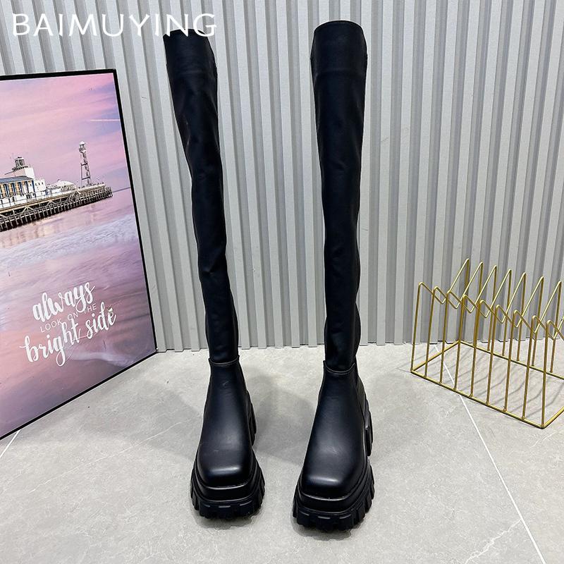 Кожаные толстые женские высокие сапоги на платформе, модные сапоги на высоком каблуке 2025 года, трендовые зимние готические туфли-гладиаторы, туфли-лодочки для мотоциклистов, женские сапоги