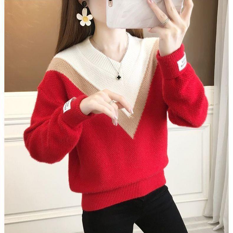 Women Knitted Sweater Autumn and Winter Colorblocking V-Neck Long Sleeve Knit Sweater Thickened Knit Jumper