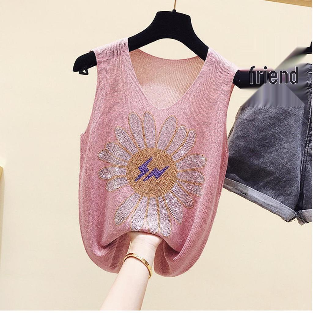 2023 Блестящий шелковый женский жилет без рукавов с V-образным вырезом - Новый стиль весна/лето, свободный крой с вязаным дизайном на бретелях с горячими бриллиантами