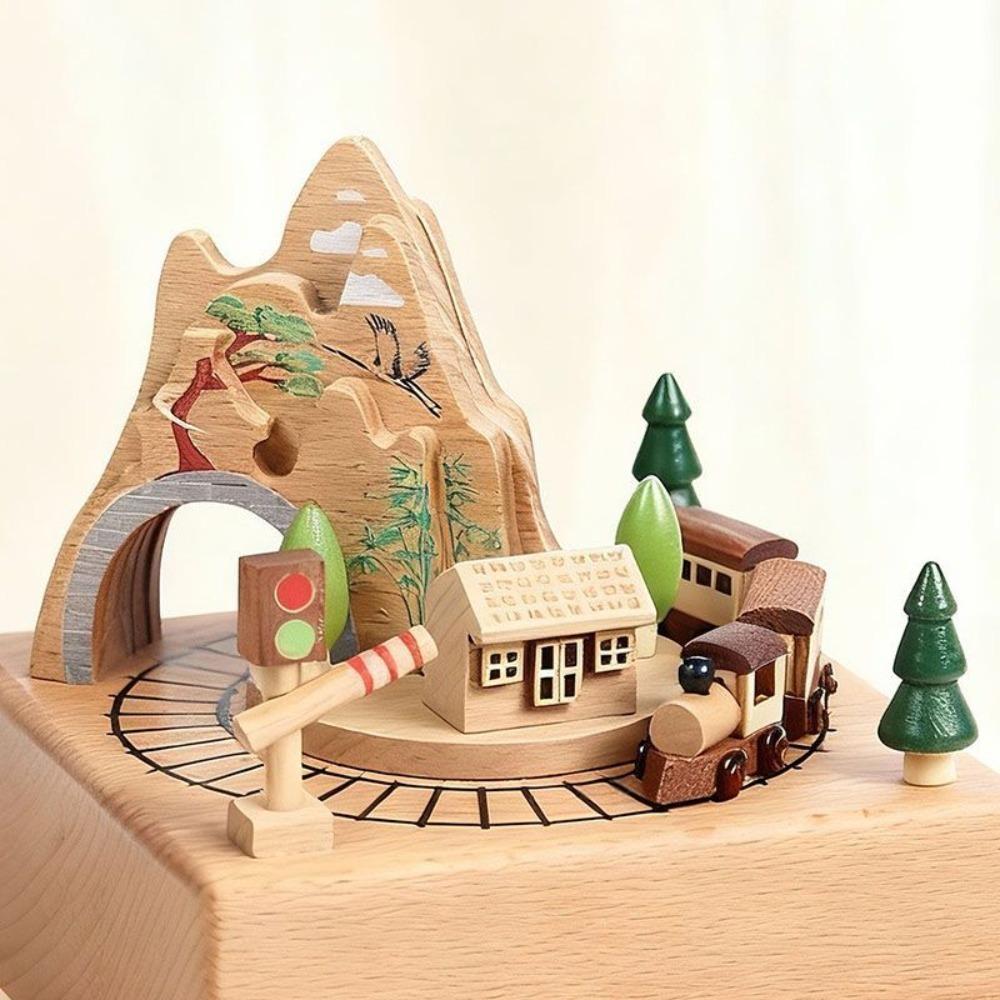 Solid Wood Music Box, Rotatable Train Through Cave, Handmade Beech Wood Musical Box, Home Decor Ornament, Holiday & Birthday Gif