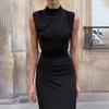 Half High Neck Sleeveless Dress Waist Pleated Slit Long Dress Woman