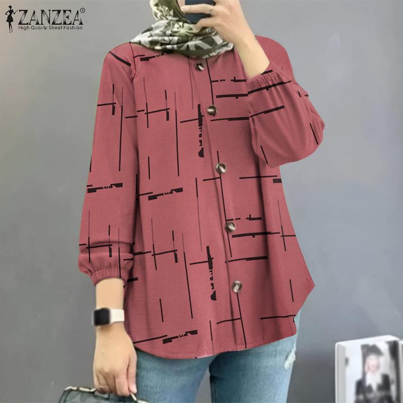 ZANZEA Женская повседневная блузка с длинным рукавом и круглым вырезом в стиле ретро с принтом