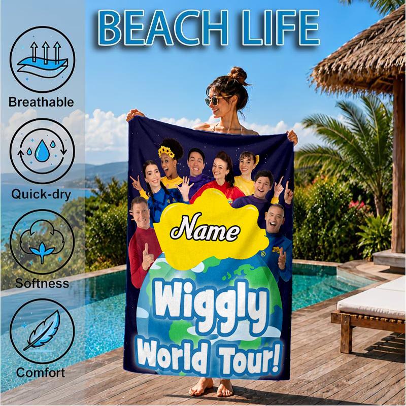 Custom Name Wiggly World Tour Adventure Beach Towel Microfiber Beach Towel, Lightweight and Quick-Dry, for Summer Travel, Swimming Pool Gift