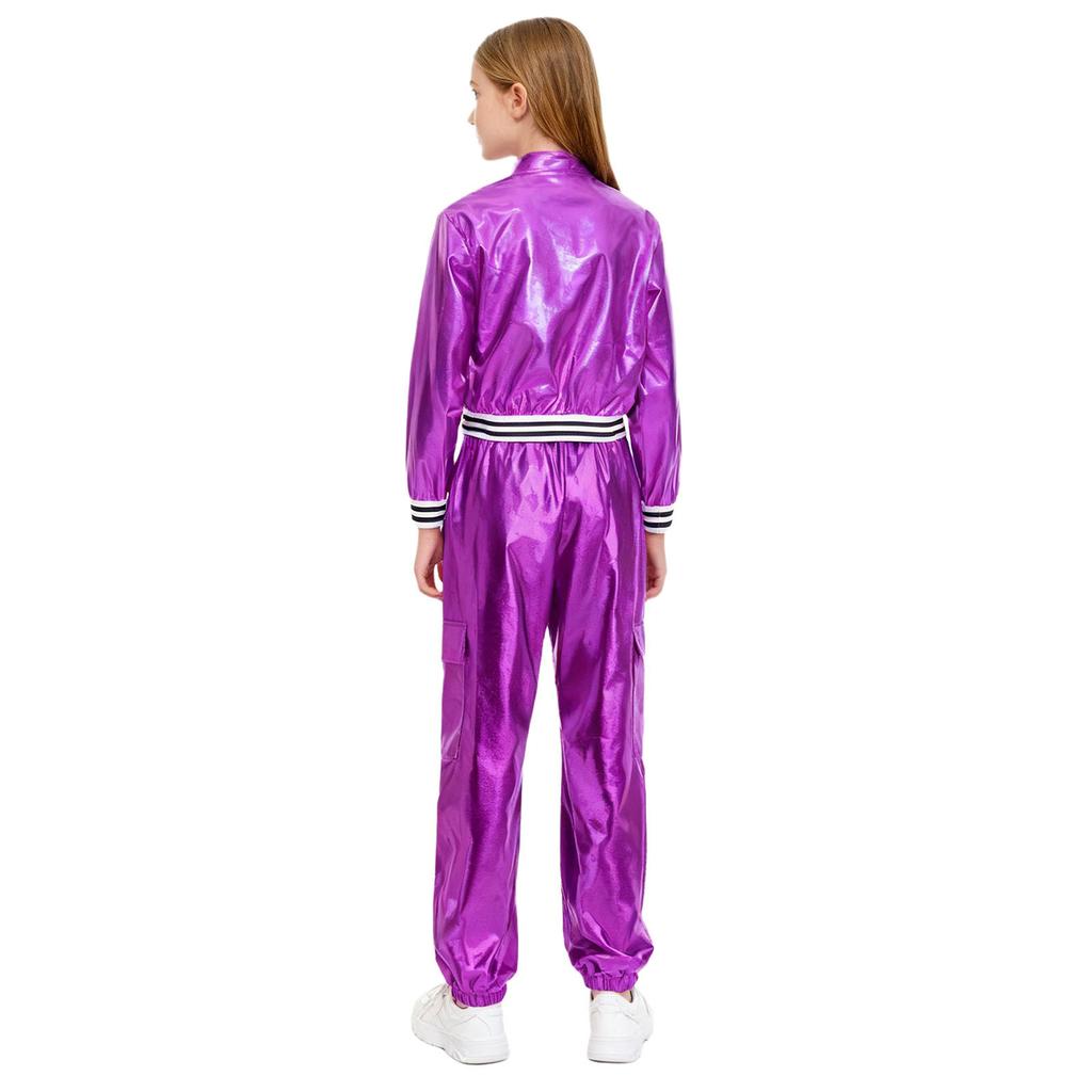 Girls Hip-hop Jazz Dance Performance Costume Long Sleeve Stand Collar Zipper Metallic Jacket Matching Pants Set