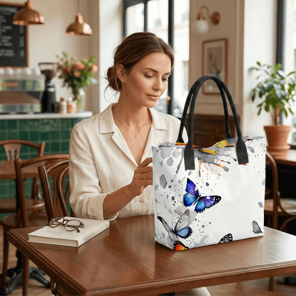 Watercolor Butterfly Print Tote Bag Large Capacity Casual Shoulder Bag for Daily Use