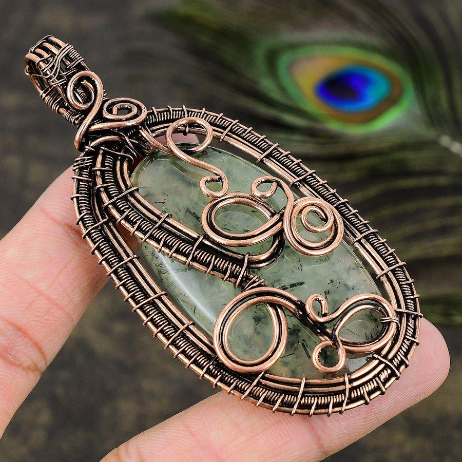Prehnite Gemstone Copper Wire Wrap Jewelry Pendant 3.47