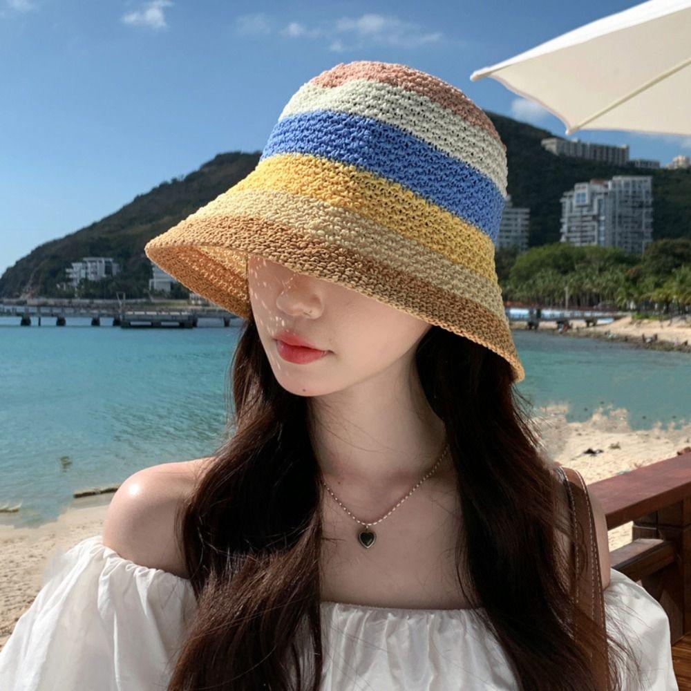 Stripe Rainbow Straw Hat Weave Beach Fisherman Hat Breathable Sunscreen Bucket Hat  Girls