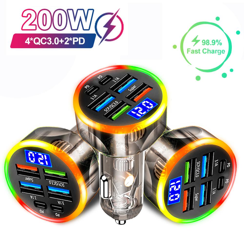 200 Вт 6 портов автомобильное зарядное устройство быстрая зарядка PD QC3.0 USB C автомобильное зарядное устройство для телефона адаптер типа C в машину для iPhone Samsung Huawei Xiaomi