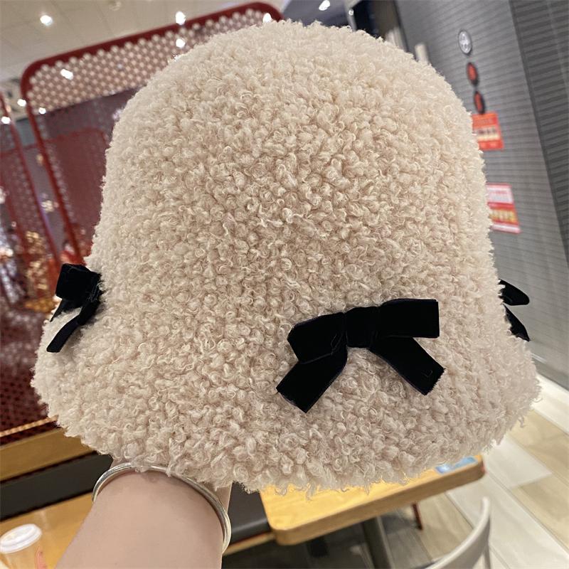 Bow plush fisherman hat children autumn and winter travel warm face bucket hat new