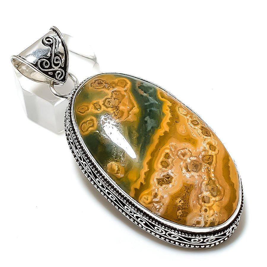 Ocean Jasper Gemstone Handmade 925 Sterling Silver Jewelry Pendant 2.64" K4M69