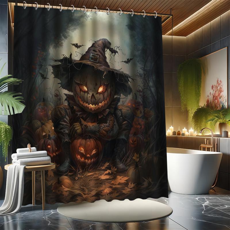 Halloween Pumpkin Head Shower Curtain Set - Includes 12 Hooks, Polyester Fabric, Bathtub Partition, Modern Bathroom Decor