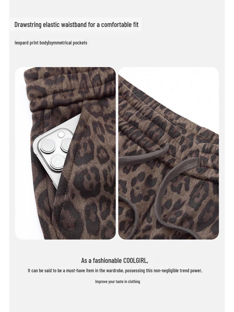 Women's High-Waist Fleece-Lined Straight-Leg Leopard Print Casual Pants