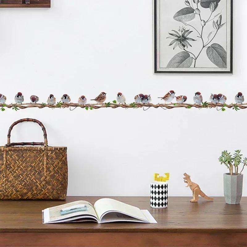 Ряд птиц, сидящих на лозе, Декор для гостиной, Домашний декор, Мультяшная лоза, Наклейка на стену с птицами, Съемная наклейка на стену для детской