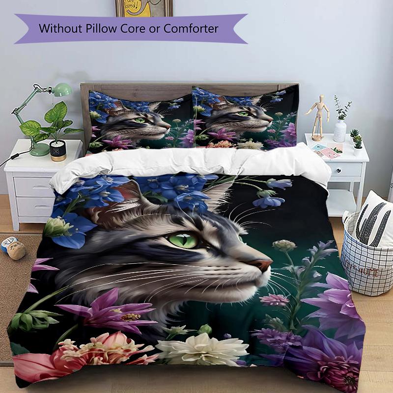 3Pcs Cat Amidst Floral Splendor Bedding Set Soft Fabric Duvet Cover Pillowcases Home Christmas Xmas Halloween Gift 1 Duvet Cover 2 Pillowcase G116