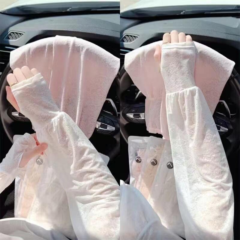 Женские кружевные нарукавники из ледяного шелка Свободный крой Защита от солнца для вождения Велосипеда