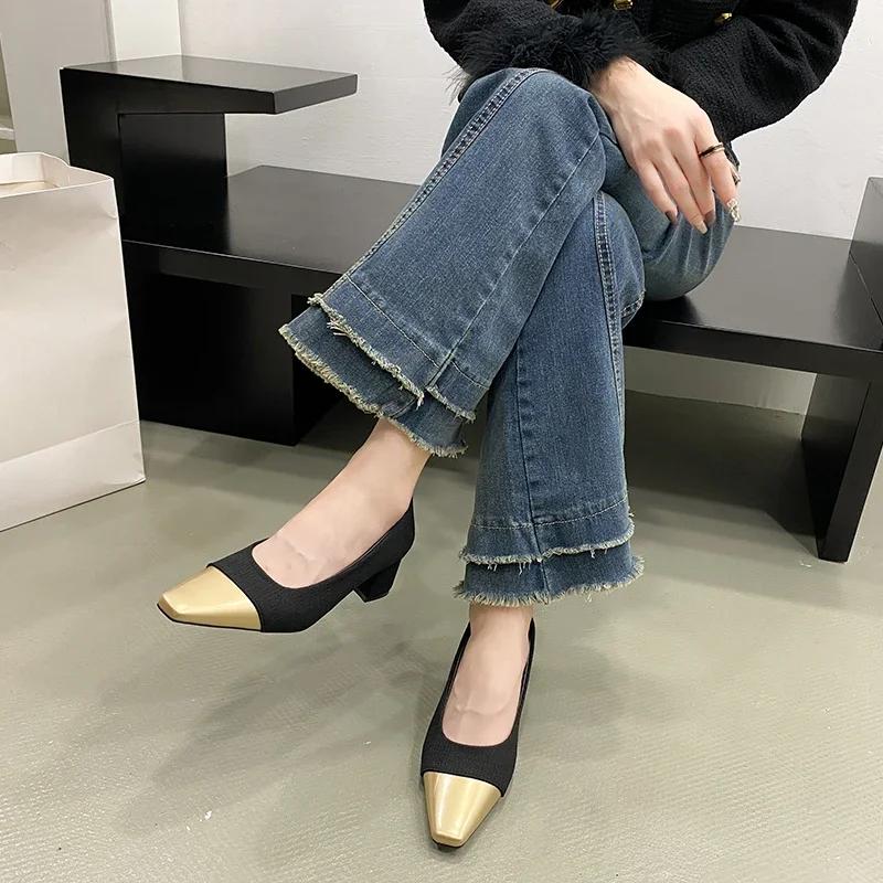 Модные универсальные черные туфли на высоком каблуке в стиле твида - женские весенне-летние модные туфли с металлическим носком и резиновым верхом