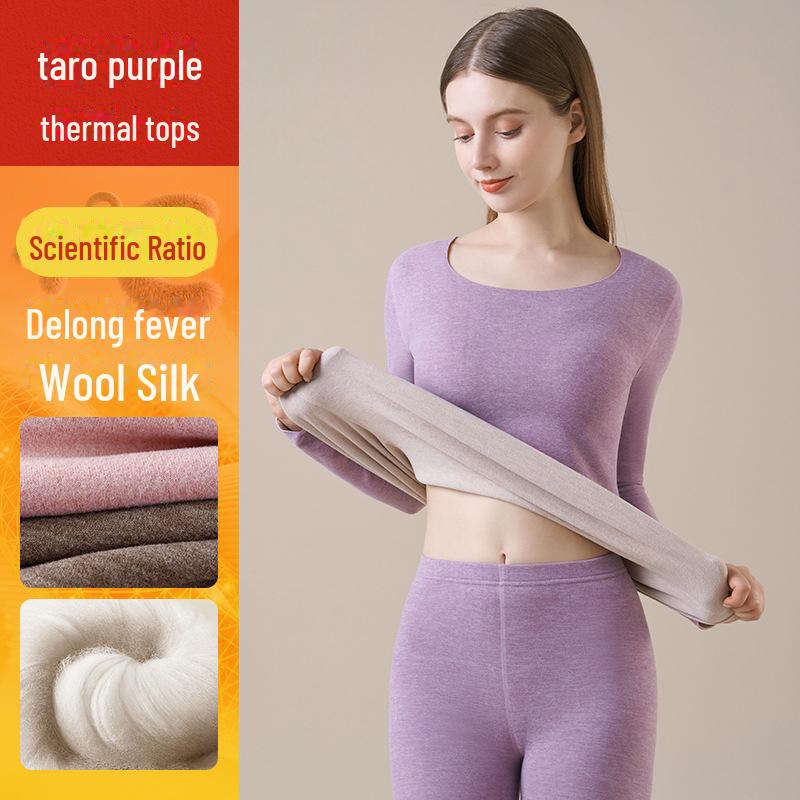 Женское термобелье из кашемира: Плюс бархатный, плотный бесшовный топ с круглым вырезом на осень/зиму.