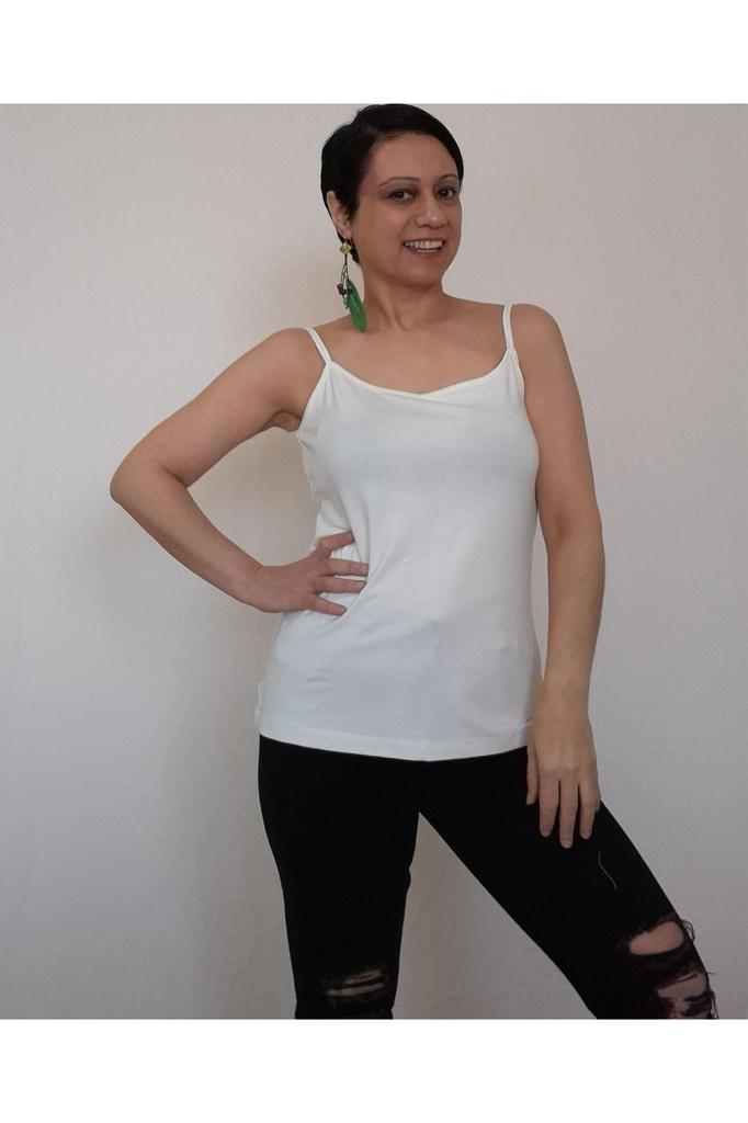 Women's Style Big Size T-Shirt Off-White (Ecru) Combed Cotton Viscose T-Shirt With Thread Strap