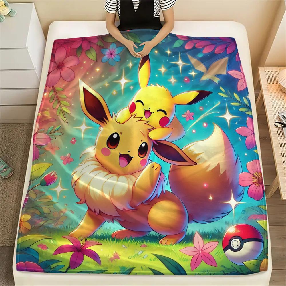 Pikachu and Eevee Print Flannel Blanket, High quality Comfortable for All Seasons, Home Decor, Warmth and Comfort