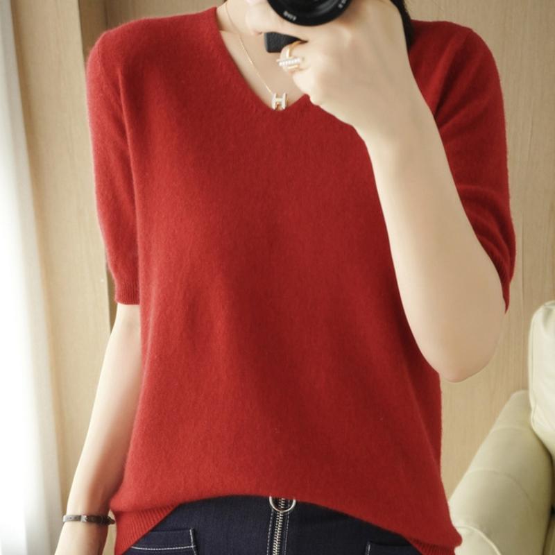 IHUASU Women's Spring Short-sleeved Jumper Knitwear V-neck Tide with Loose Bottoming Shirt T-shirt