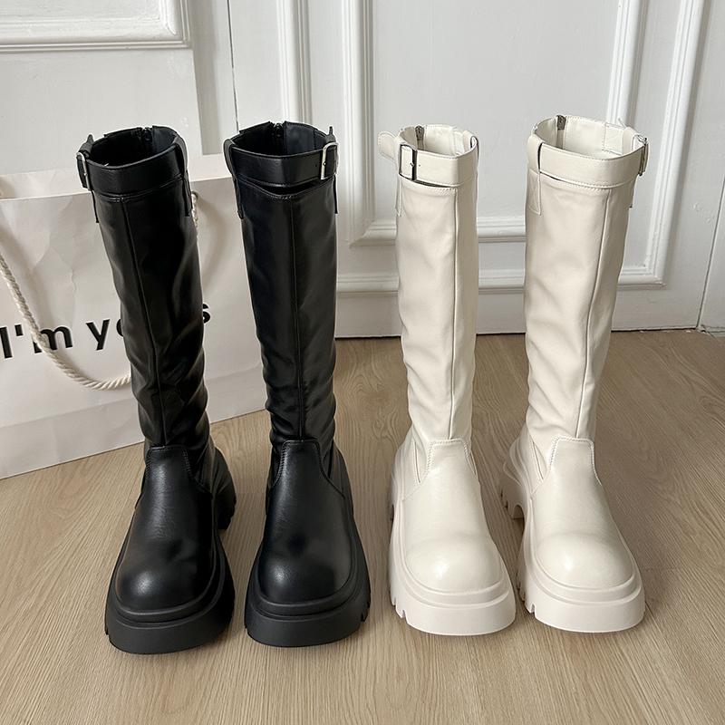 Женские высокие сапоги Женские Нескользящие Водонепроницаемые Зимние На молнии из ПУ кожи Сапоги до колена Женские Массивные на платформе Длинные сапоги 511