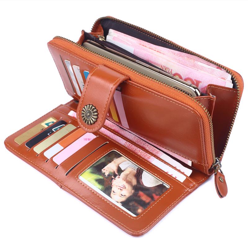 Versatile Oil Wax Leather Wallet Card Bag Long Splicing Phone Bag Multi Card Coin Bag Zipper Handbag Y183