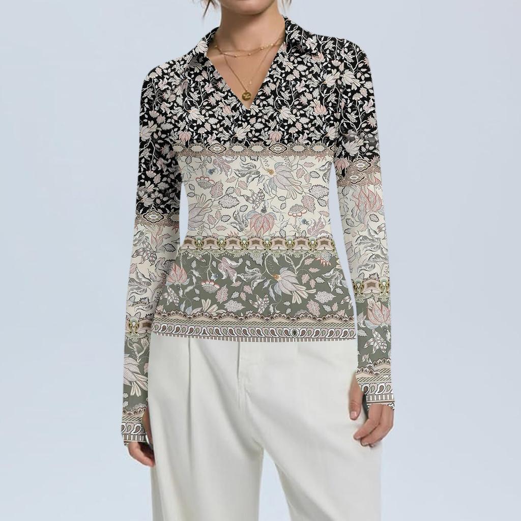 Женская Мода Повседневный Принт V-образный Вырез Длинный Рукав Застежка на Пуговицы Топ