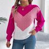 Women's Loose Contrast Color Round Neck Knitted Sweater Long Sleeve Pullover Top