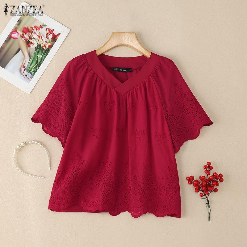ZANZEA Женская повседневная блузка с V-образным вырезом, короткими рукавами, пэчворком и крючком