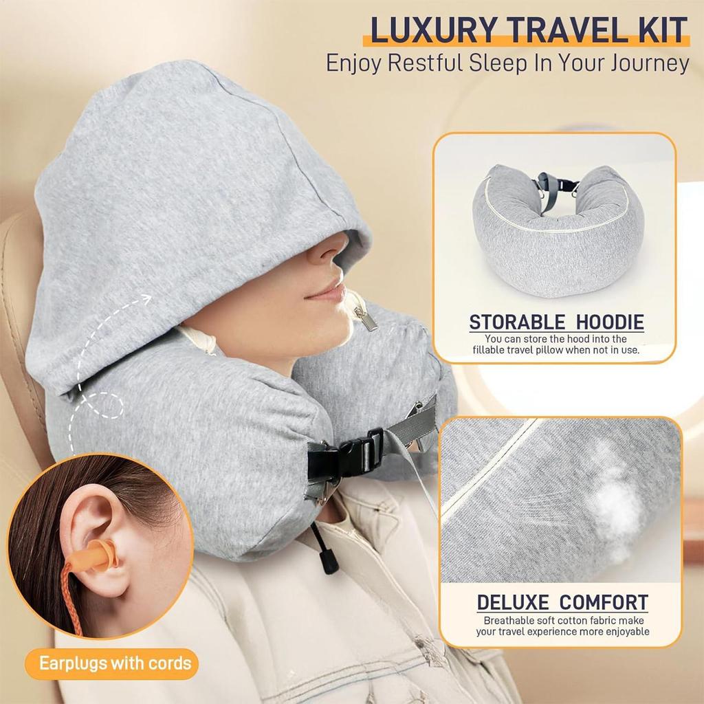 Neck Pillow Airplane Stuffable Travel Neck Pillow with Hood Fillable Storage Bag for Sleeping Home Car Plane Hotel Camping