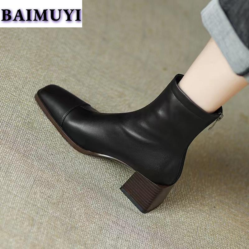 Модные женские ботильоны с квадратным носком на высоком каблуке, меховые зимние ботинки, короткие, плюшевые, 2024, трендовые, челси, ретро, мягкая кожа, осенние, готические, Botas Mujer