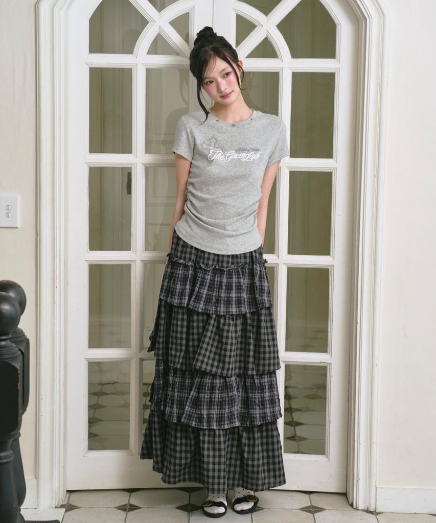 The Green Lab Tiered Long Skirt With Cancan Check [Charcoal Gray Check]