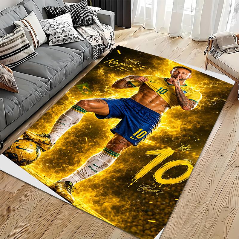 Sports Area Rug, Neymar Jr Brazil Yellow Number 10 Golden Electric Abs Shush Pose Print, Fan Decor, Non-Slip Mat
