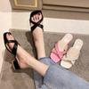 Fashion Summer New Casual Simple Solid Square Head Large Heels Women Open Toe Cross Square Heels Fashion Slippers Women's