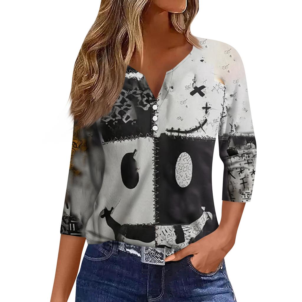 Women's Fashion Button-Up V-Neck Three-Quarter Sleeve Halloween Print Top