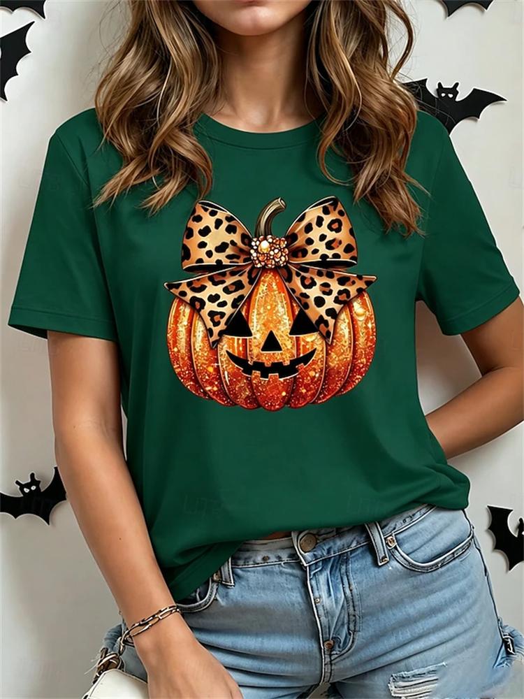Women's Fashionable Casual Short-Sleeve Halloween T-Shirt with Spooky Skull Print and Round Neckline Perfect for Holiday Parties