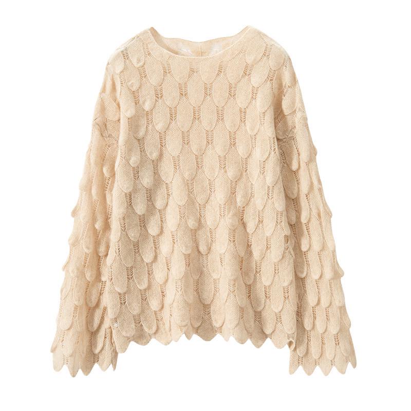 Women's High-End French Cashmere Sweater: Hollowed-Out, Round Neck, Bell Sleeves, 2024 Trend