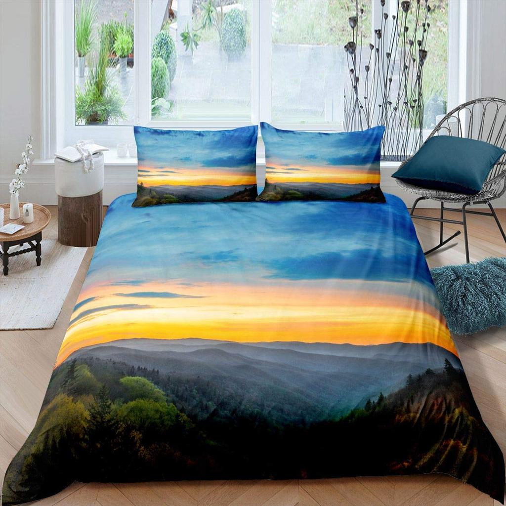Smoky Mountain King Queen Duvet Cover Grey Fog Pine Trees Bedding Set Retro Natural Scenery Art 2/3pcs Polyester Quilt Cover