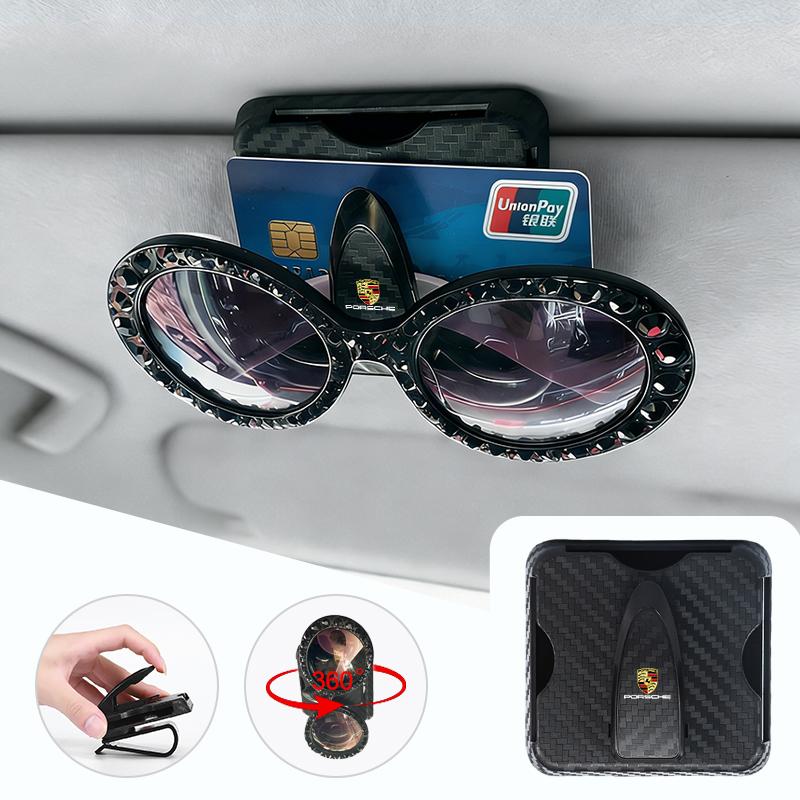 Car Glasses Clip 360° Rotating Car Visor Sunglasses Holder For Porsche Cayenne Panamera Macan Boxster Cayman 718 911 Sticker