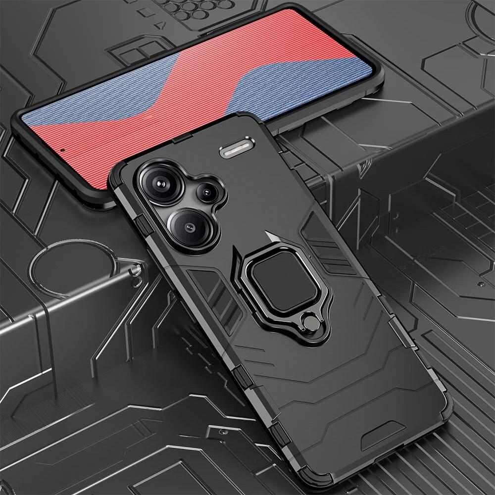KEYSION Shockproof Armor Case for Redmi Note 13 Pro 4G 13 Pro+ 5G Silicone+PC Ring Metal Stand Phone Cover for Xiaomi POCO M6 Pro