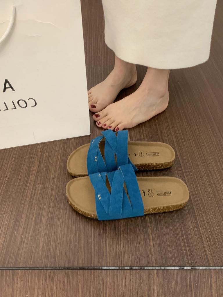 BEI LI XUAN Retro Mori Cross-strap One-word Slippers for Women's Summer Outer Wear Thick-bottomed Casual Beach Women