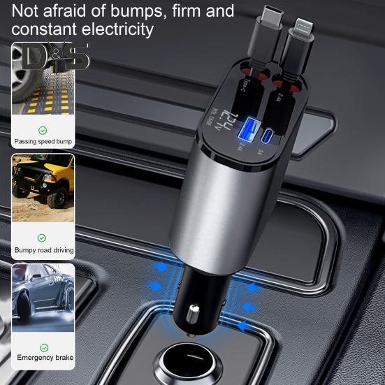 Автомобильное зарядное устройство с двойным выдвижным кабелем типа C, 8-контактный USB, 3A, 2,4A, напряжение, цифровой дисплей, универсальный, 100 Вт, высокая мощность, быстрая зарядка, автомобильная зарядка