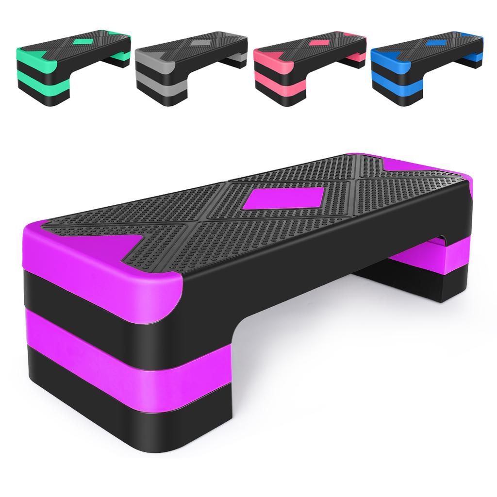 Aerobic Exercise Step Adjustable Stepper Platform for Step Up, 68.5cm/27" Step Deck with 10cm/4",15cm/6",20cm/8" Adjustable Height Risers (Purple)