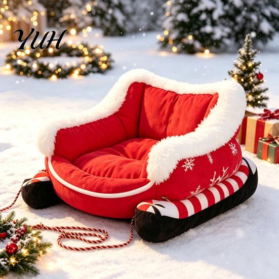 Washable Removable Base Kennel Christmas Sleigh Dog Bed with Non Slip Base, Plush Calming Pet Sofa High Resilience Foam Lounger for Indoor Outdoor,